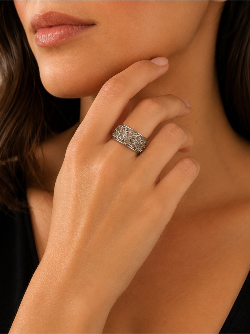 Silver-Tone Vintage-Inspired Filigree Crystal Statement Band Ring - Picture 6 of 6